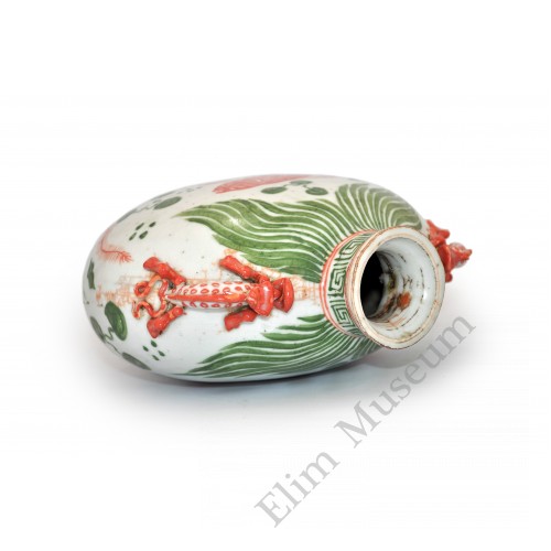 1408 A Yuan Red-Green glaze flask fish-lotus decor  
